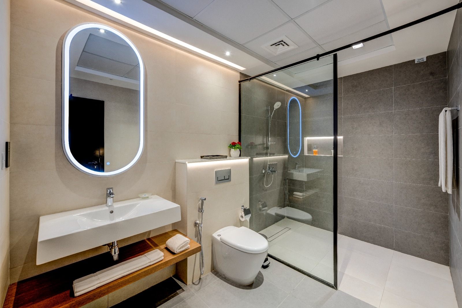 Bathroom with walk-in rainfall shower and backlit mirror